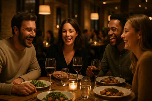 mesa de restaurant con gente cenando y pasandolo bien